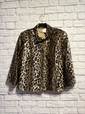 Chico's Leopard Print Faux Fur Swing Jacket Crop Sleeve Size 2 (Large)